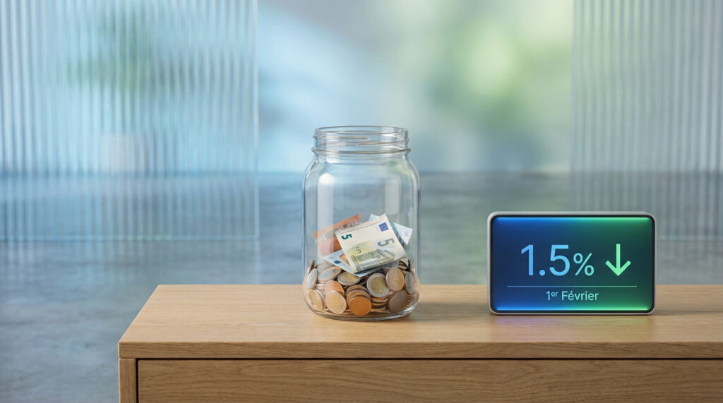 Photorealistic image of a glass savings jar with Euro coins and banknotes next to a display showing '1.5% ↓ 1er Février', symbolizing falling inflation.