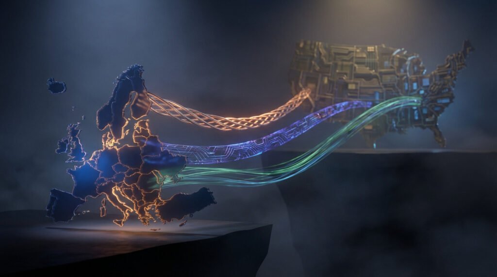 Stylized maps of Europe and the US are connected by glowing symbolic ties representing military, digital, and energy dependencies.