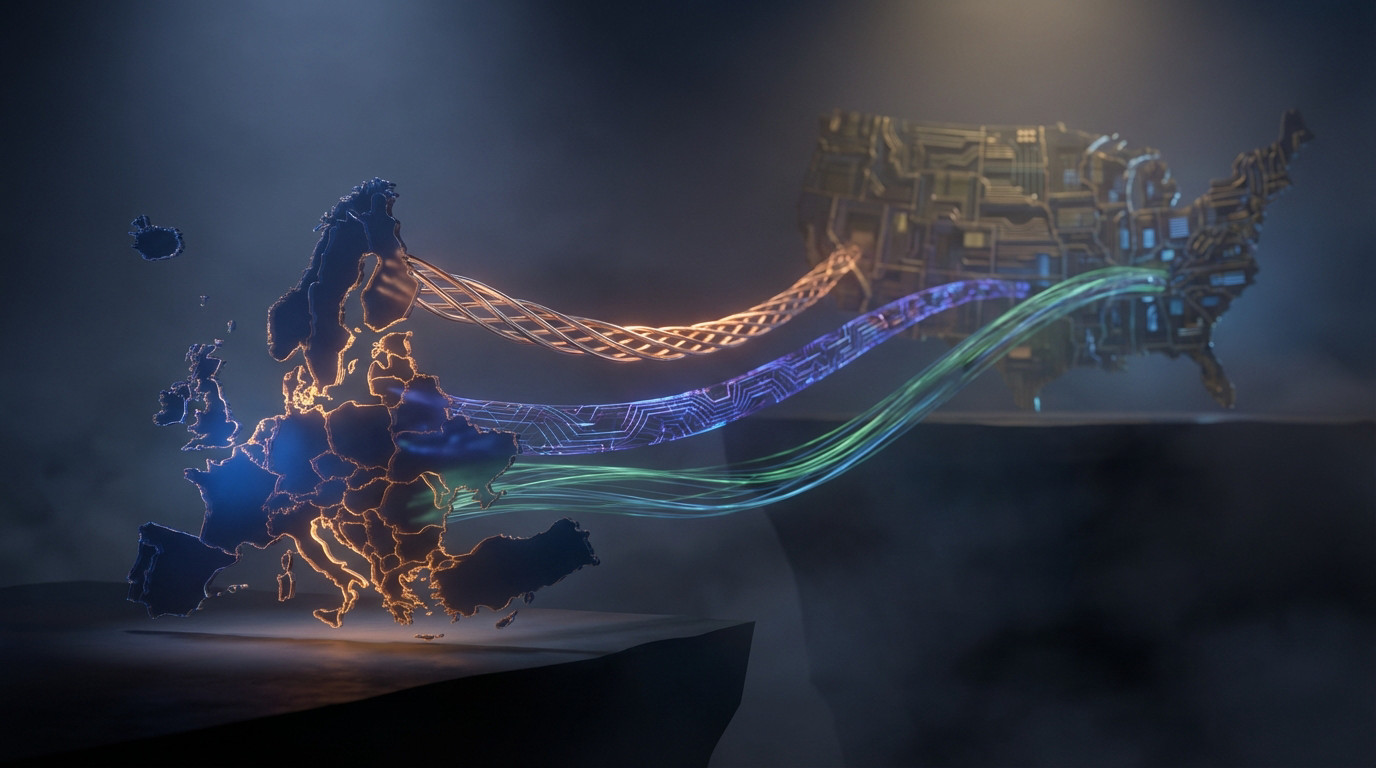 Stylized maps of Europe and the US are connected by glowing symbolic ties representing military, digital, and energy dependencies.