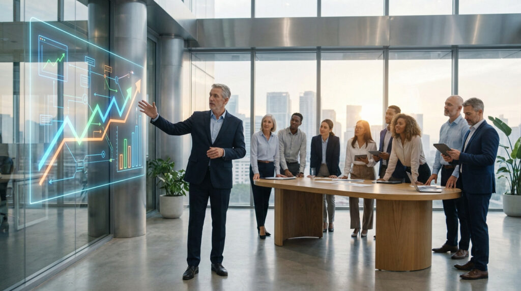 Senior leader in suit presents dynamic holographic strategic roadmap to diverse, engaged team in modern office with city skyline.