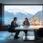 Two professionals debate AI's impact and skill transformation in a modern conference room with holographic tech and mountain views.