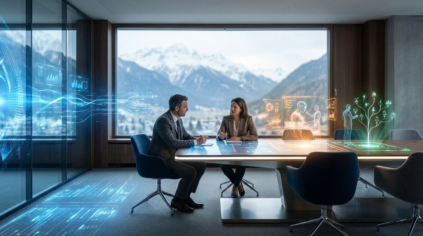 Two professionals debate AI's impact and skill transformation in a modern conference room with holographic tech and mountain views.