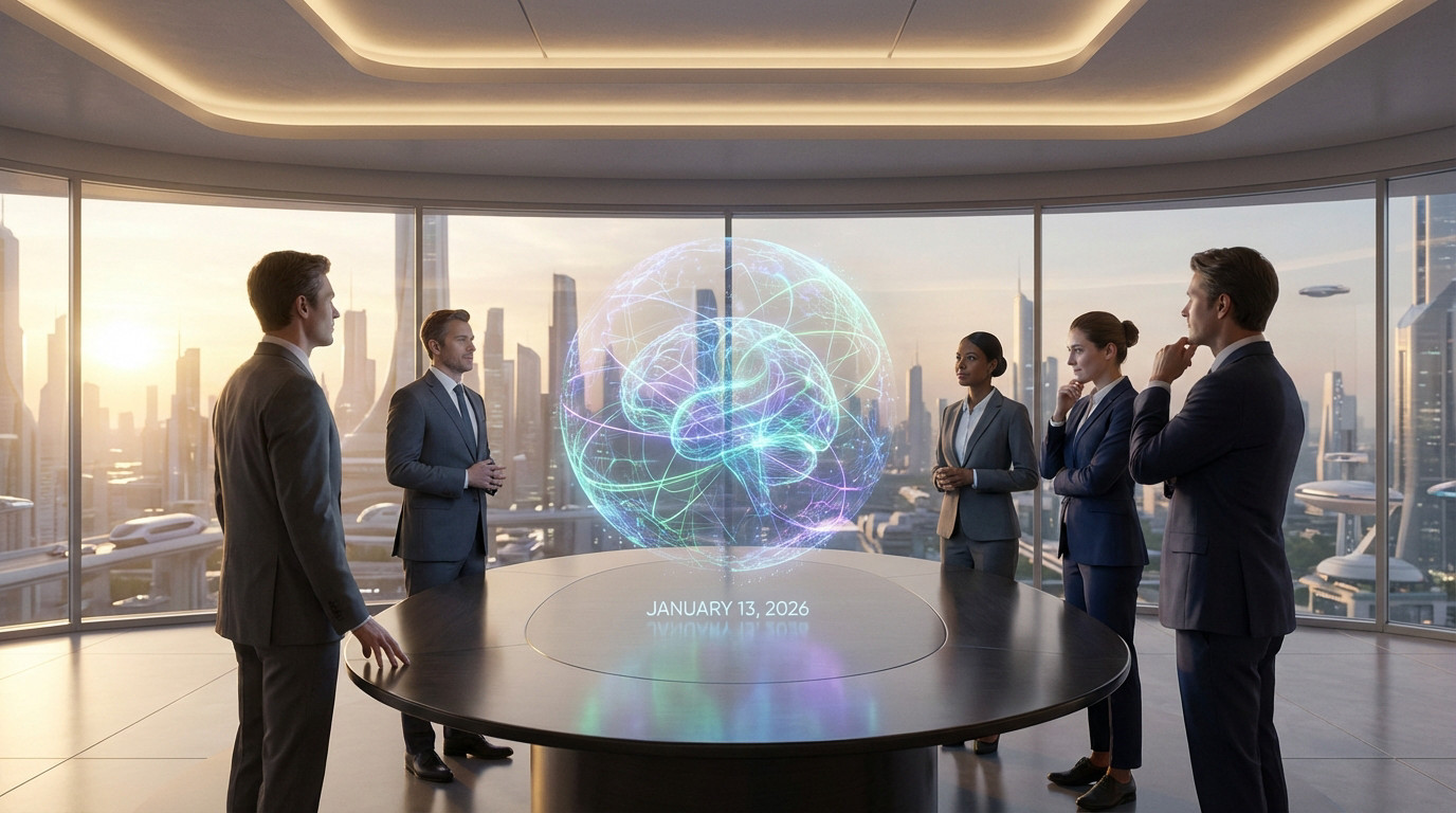 Five people in a futuristic conference room view a glowing holographic AI brain in an iridescent sphere, overlooking a 2026 cityscape.