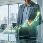 Person in business attire observes a holographic financial graph showing record-breaking growth in a modern office.