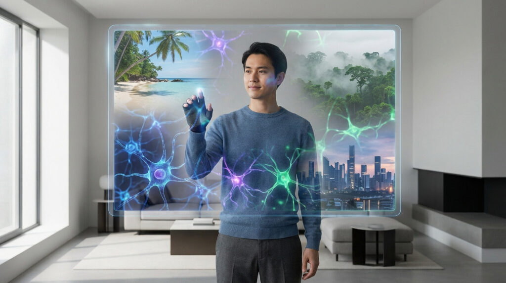 Man, mid-20s, thoughtfully interacts with a translucent holographic display showing travel scenes and glowing AI neural networks.