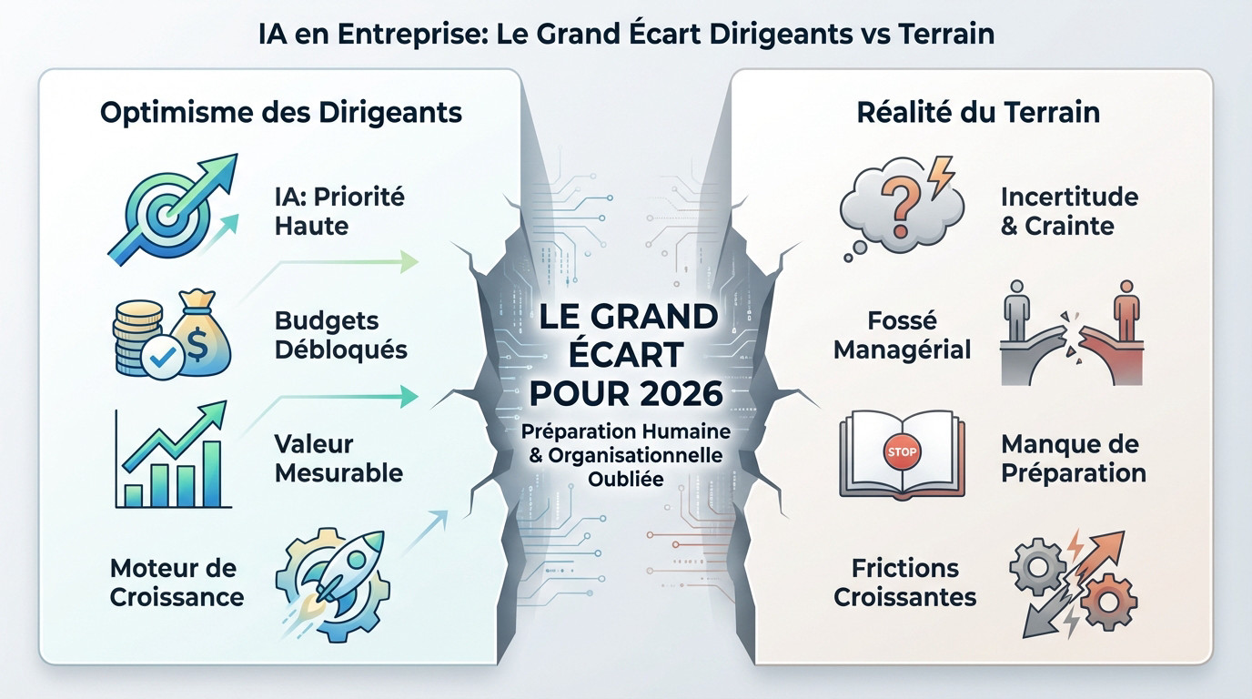 Illustration du fossé entre la vision stratégique de l'IA par les dirigeants et la réalité opérationnelle des employés