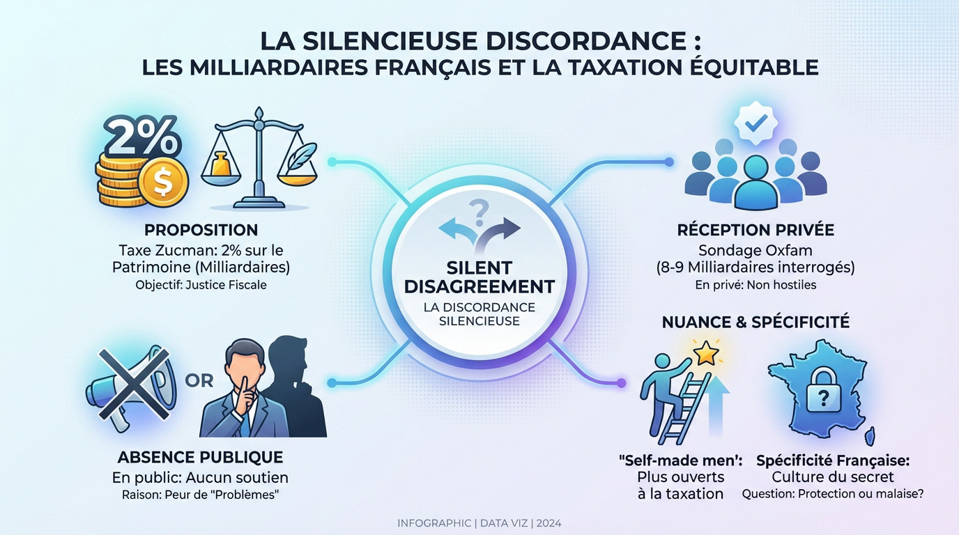 Illustration symbolisant le silence des milliardaires français face à la taxation comparé à l'engagement international