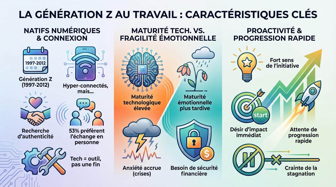 Infographie illustrant les caractéristiques clés de la Génération Z au travail : connexion, pragmatisme et initiative