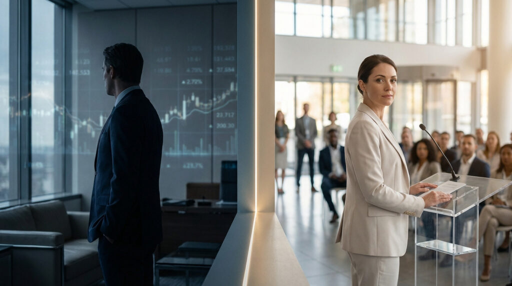 Man in dark suit in dim office with financial data, contrasted with a woman at a bright public forum, symbolizing discretion vs. transparency.