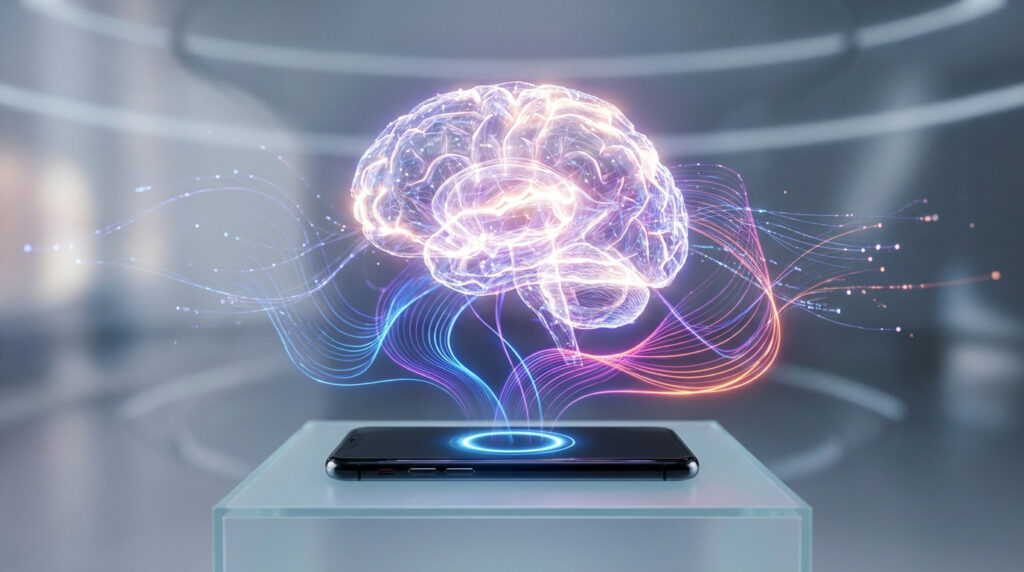 Sleek smartphone with blue light connecting to an ethereal, glowing multi-colored AI brain, representing advanced intelligence merger.