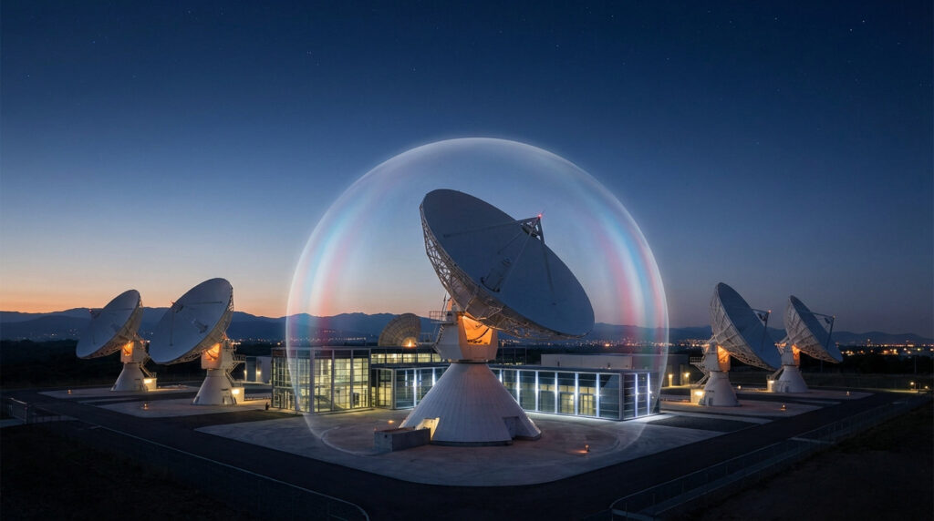 Modern satellite ground station at twilight with multiple dishes. The central dish is enveloped by a glowing French flag-colored energy shield.