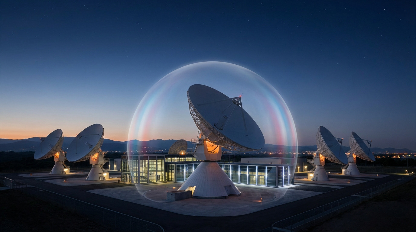 Modern satellite ground station at twilight with multiple dishes. The central dish is enveloped by a glowing French flag-colored energy shield.