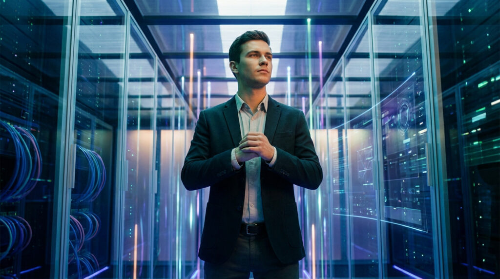 Young man in smart-casual attire in a futuristic server room with glowing blue/purple lights, exuding confidence and vision.