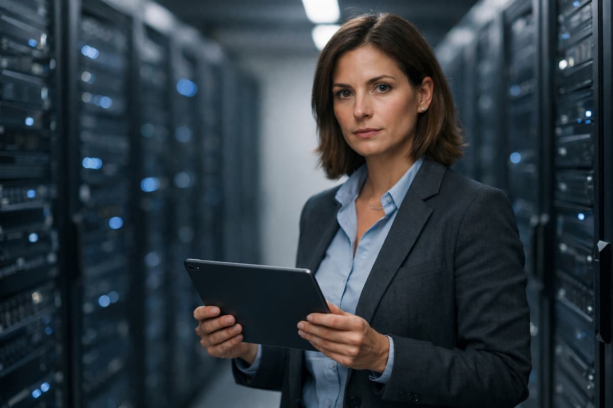 Femme professionnelle dans un centre de serveurs