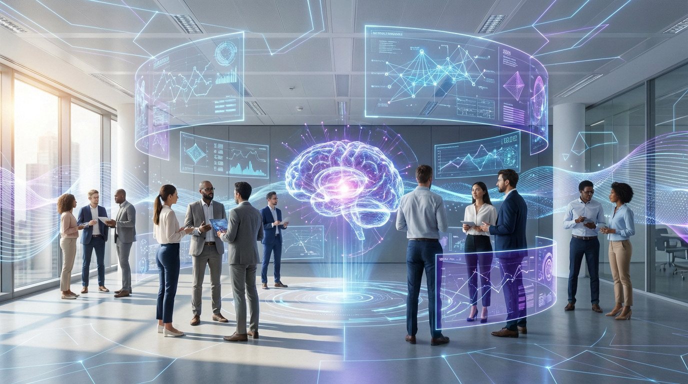 Diverse professionals in a futuristic office collaborate around a glowing AI brain and holographic data projections.