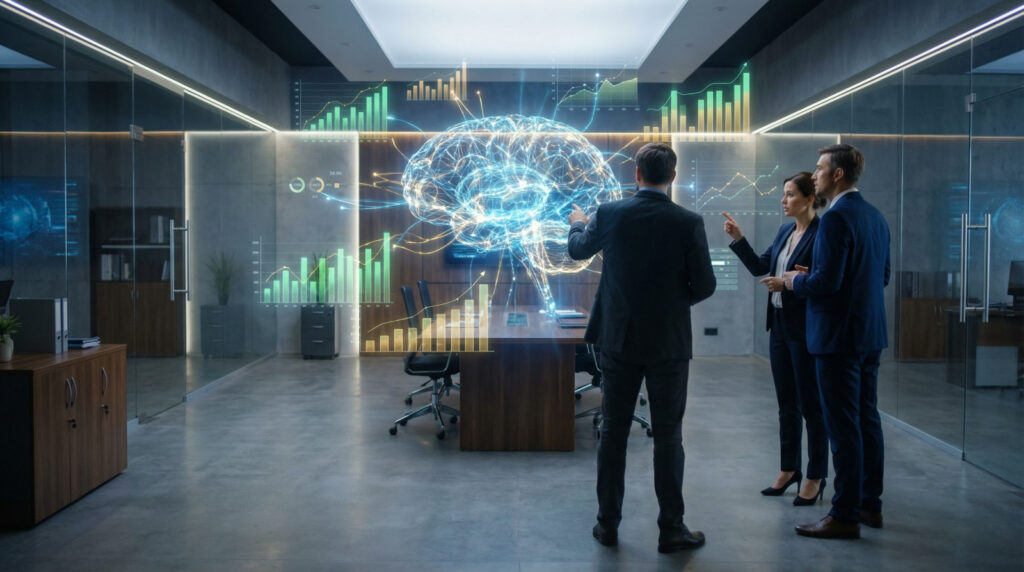 Three executives analyze glowing holographic financial graphs from a central AI brain in a futuristic boardroom, discussing growth.