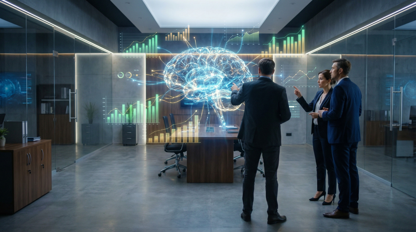Three executives analyze glowing holographic financial graphs from a central AI brain in a futuristic boardroom, discussing growth.