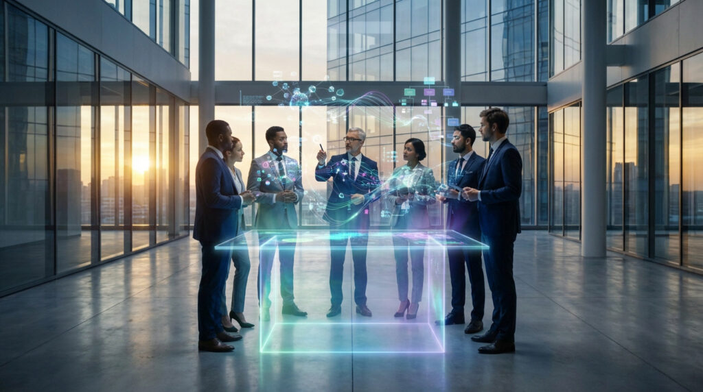 Diverse professionals discuss complex data on a glowing holographic display in a modern office at dawn, symbolizing AI-driven strategy.