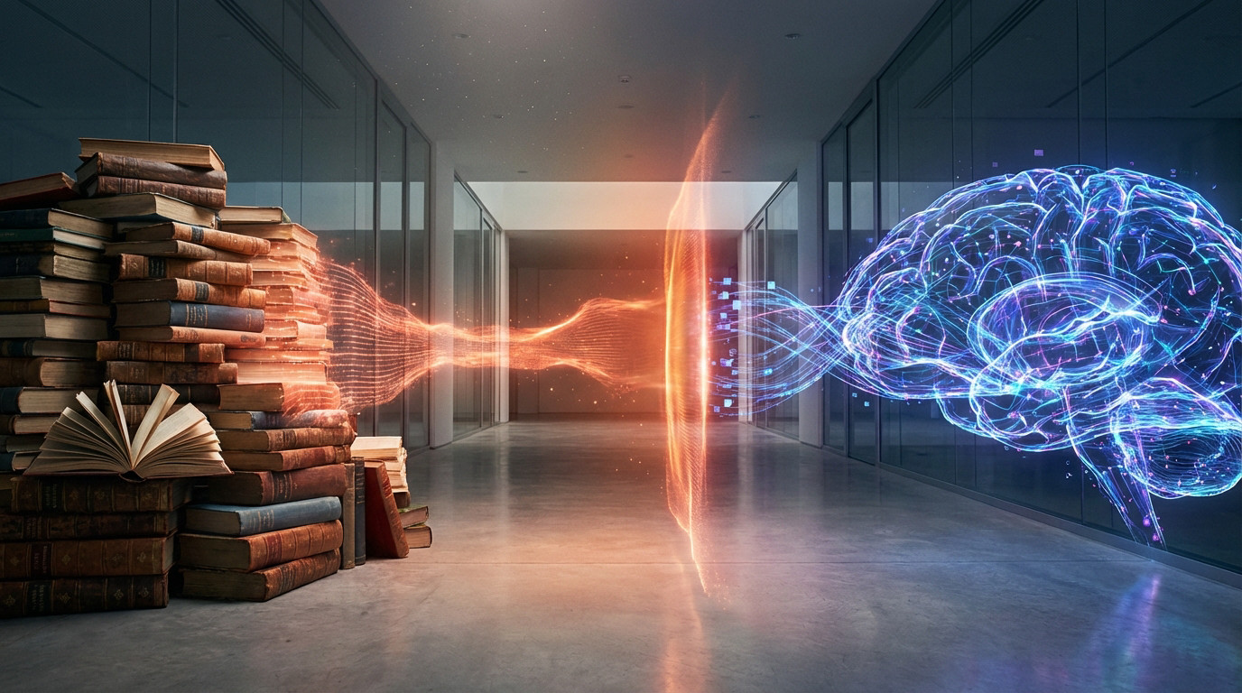 A photo-realistic image depicting a legal dispute between traditional knowledge (old books) and AI (glowing brain), separated by a vibrant orange energy barrier in a modern setting.
