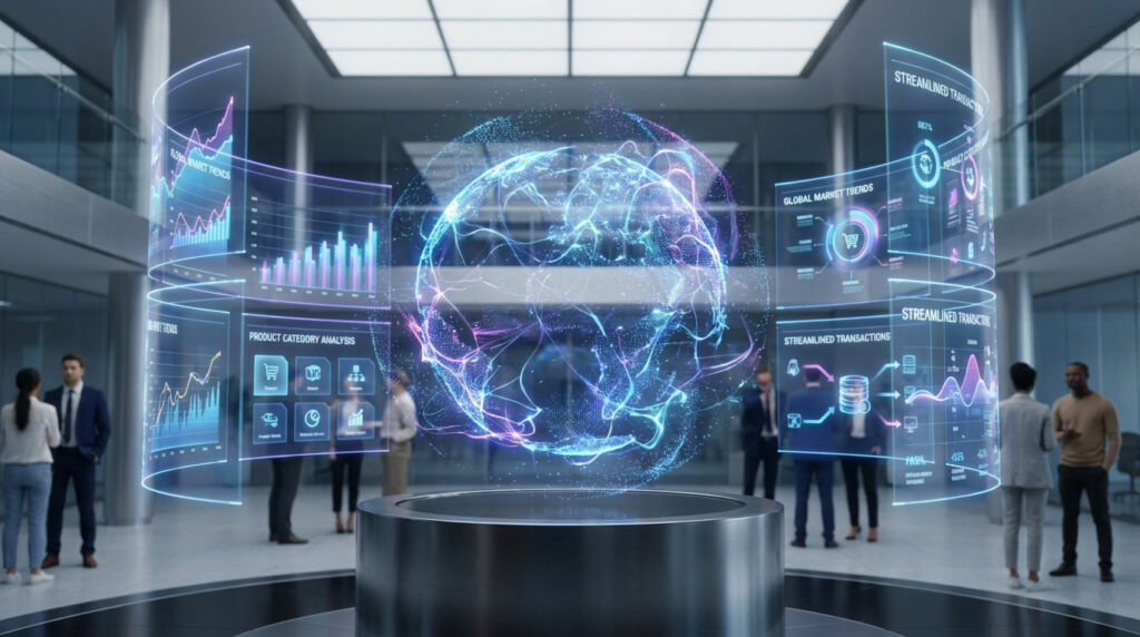 Hall moderne avec globe holographique et écrans de données. Des professionnels examinent l'analyse IA des tendances du commerce.