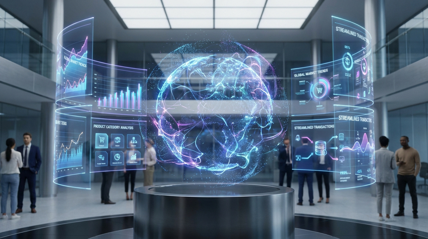 Hall moderne avec globe holographique et écrans de données. Des professionnels examinent l'analyse IA des tendances du commerce.