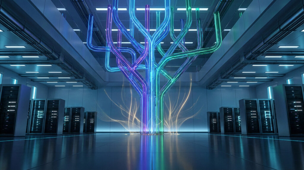 Centre de données futuriste : arborescence lumineuse centrale (bleu, violet, vert) et serveurs. Évoque l'IA, le flux et le traitement des données.