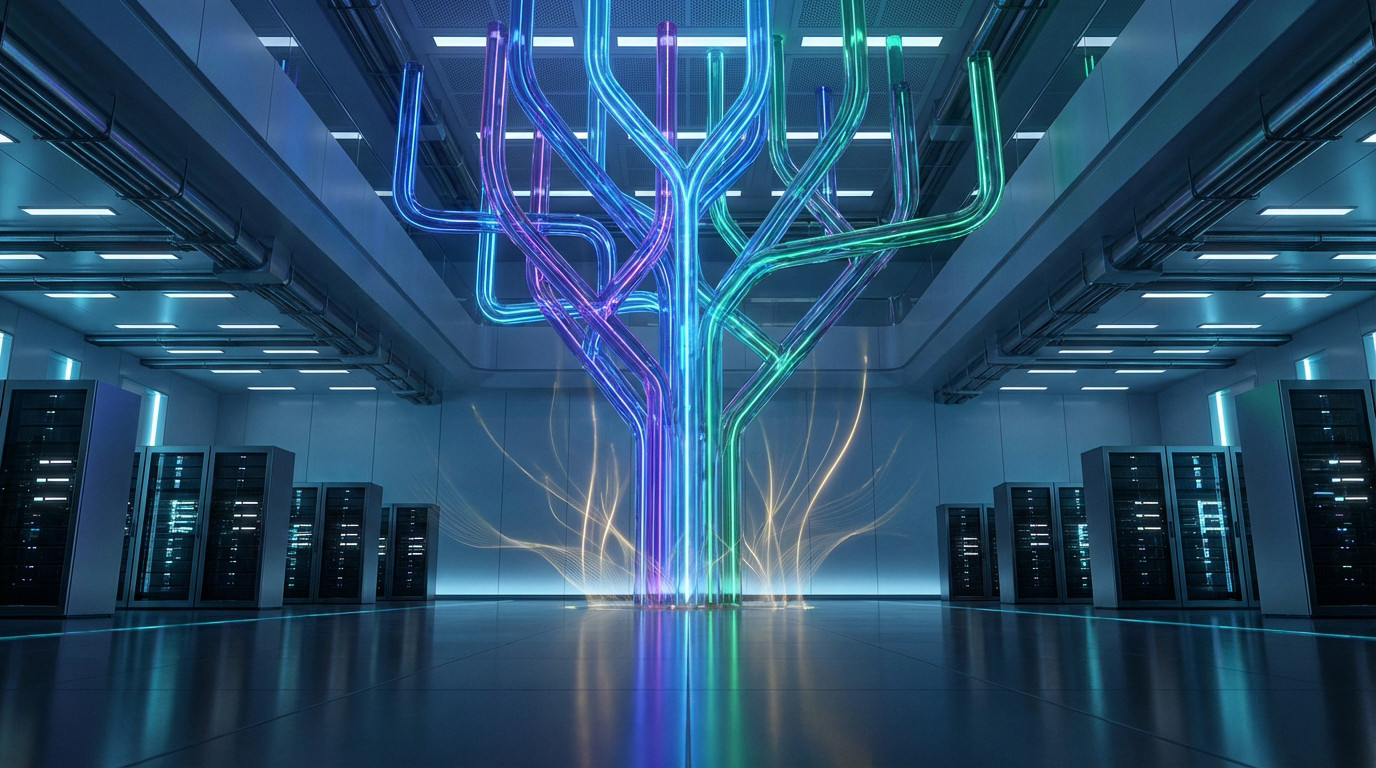 Centre de données futuriste : arborescence lumineuse centrale (bleu, violet, vert) et serveurs. Évoque l'IA, le flux et le traitement des données.