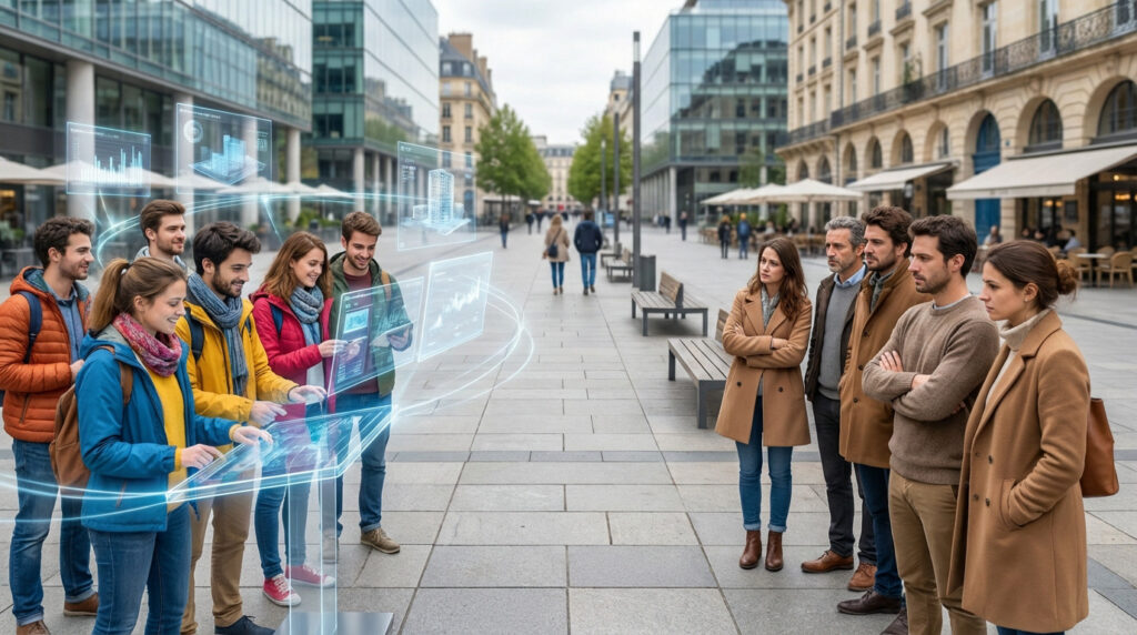 Two groups in a French plaza: one interacts enthusiastically with glowing holograms, the other observes warily, symbolizing societal tech division.