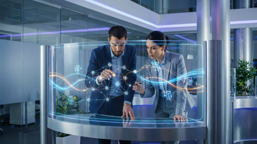 Deux experts examinent un réseau de données et des icônes de robots IA sur un écran transparent futuriste en entreprise.
