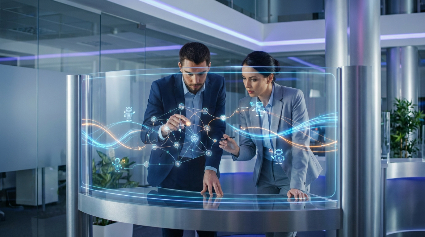 Deux experts examinent un réseau de données et des icônes de robots IA sur un écran transparent futuriste en entreprise.