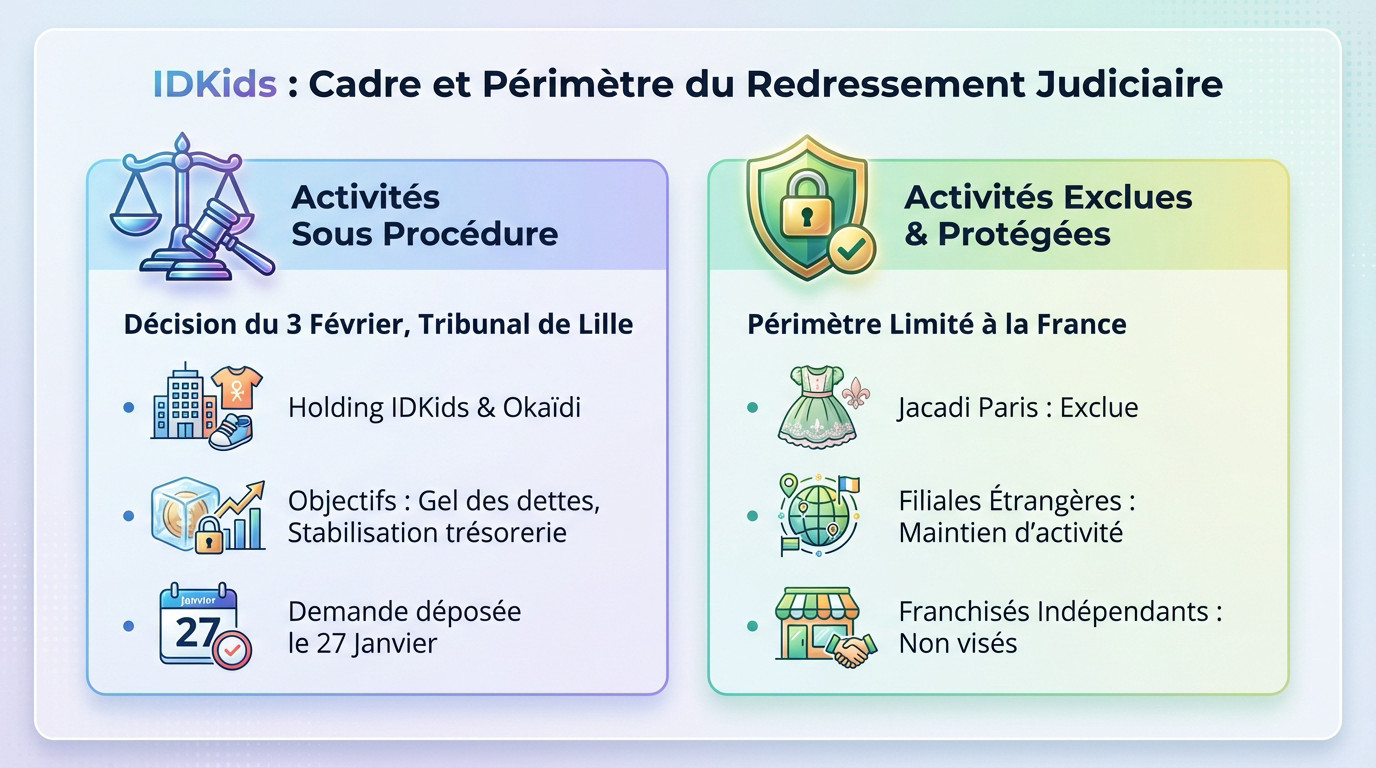 Schéma du périmètre de redressement judiciaire du groupe IDKids excluant Jacadi