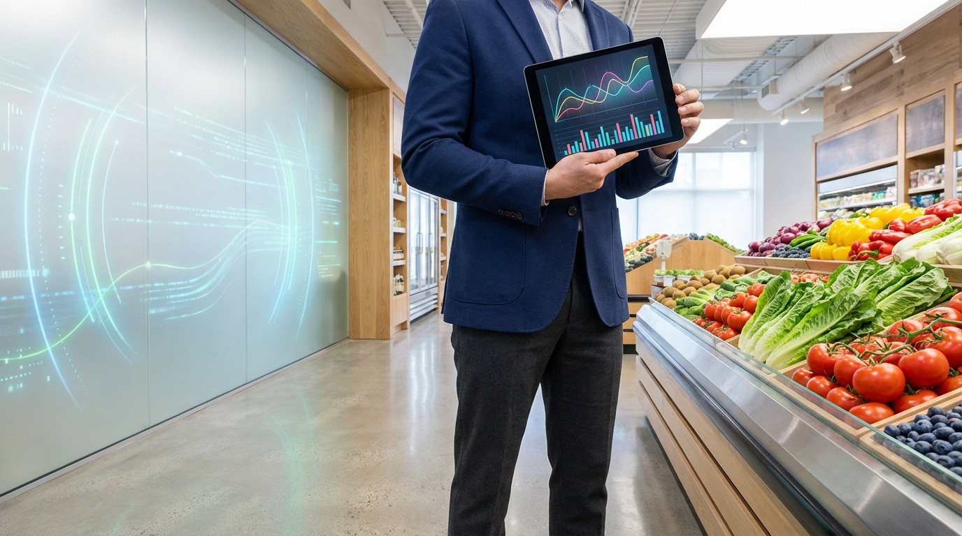 Homme montrant une tablette avec des données analytiques dans un supermarché Carrefour, entre rayons frais et mur IA.