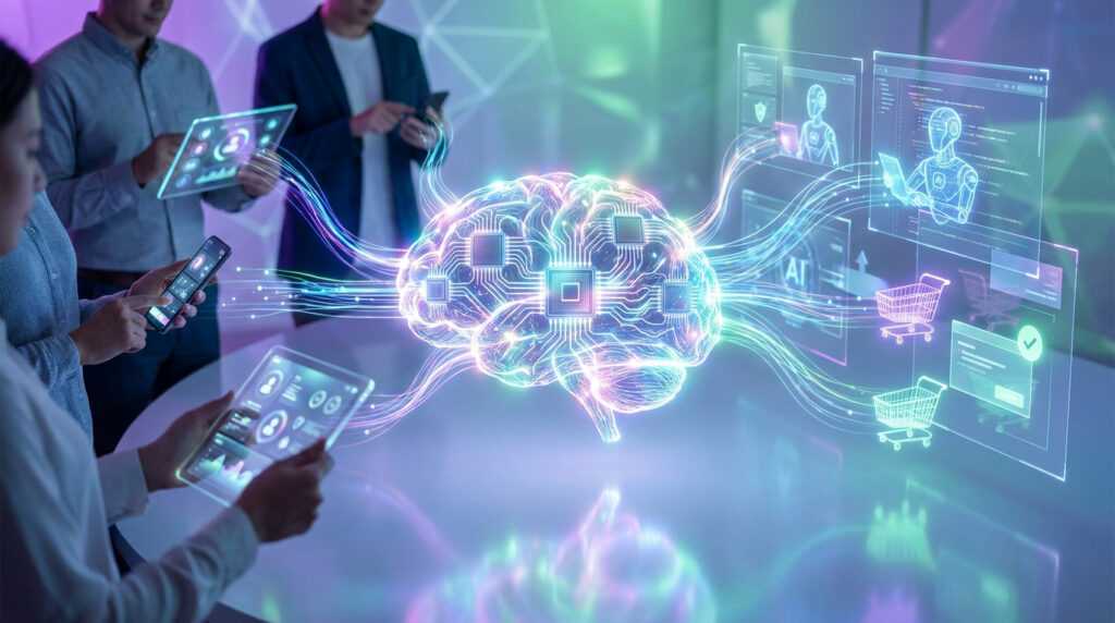 Un cerveau lumineux représentant l'IA, connecté à des écrans de marketing digital interactifs, avec des personnes utilisant des appareils.