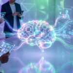 Un cerveau lumineux représentant l'IA, connecté à des écrans de marketing digital interactifs, avec des personnes utilisant des appareils.