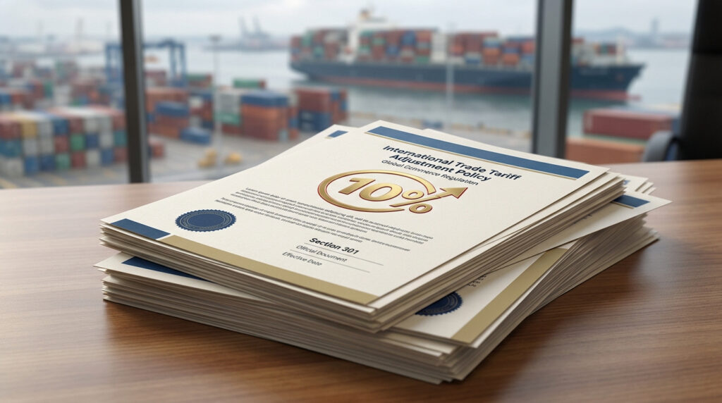 Pile de documents sur les politiques douanières et le Trade Act (10%, Section 301) sur un bureau, avec un port commercial en arrière-plan.