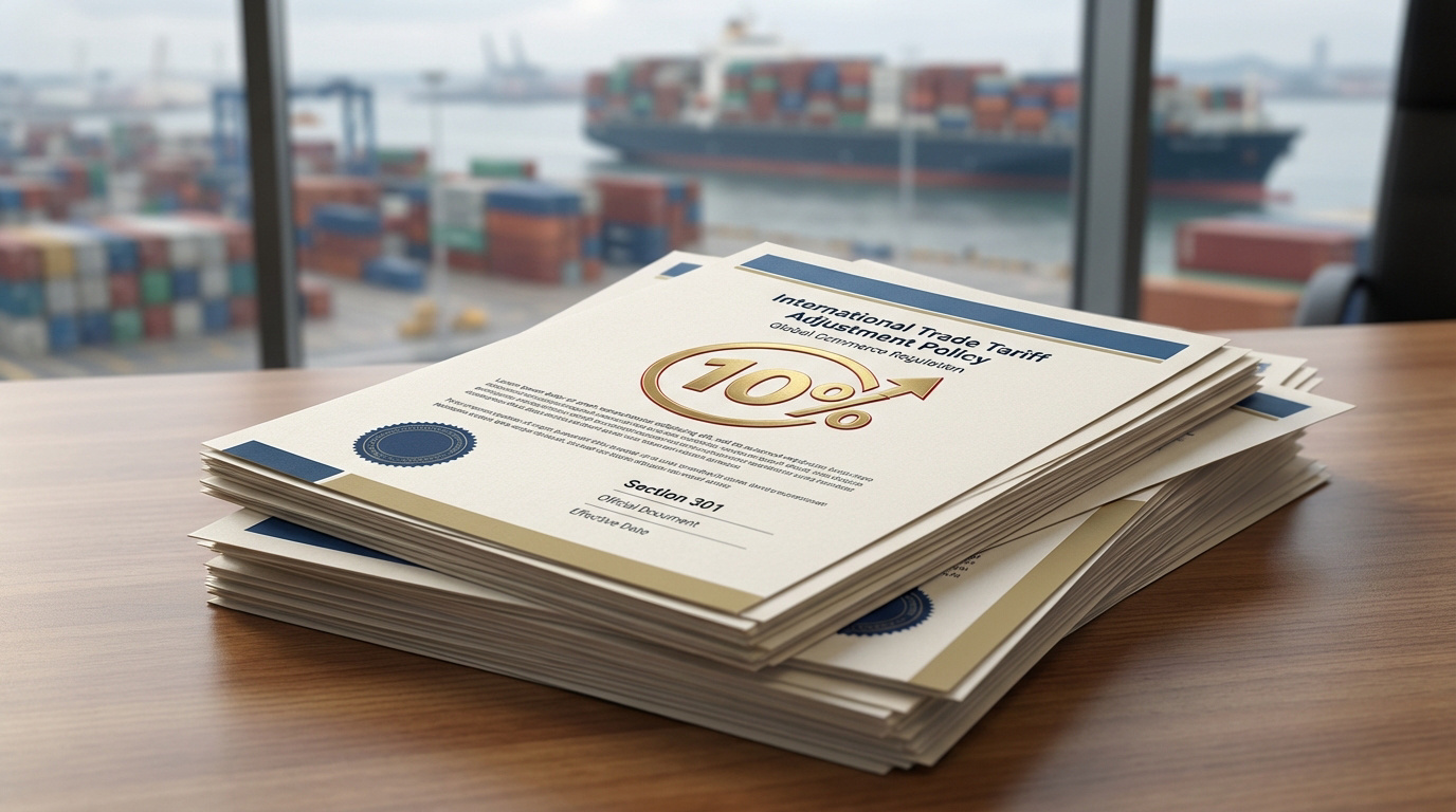 Pile de documents sur les politiques douanières et le Trade Act (10%, Section 301) sur un bureau, avec un port commercial en arrière-plan.