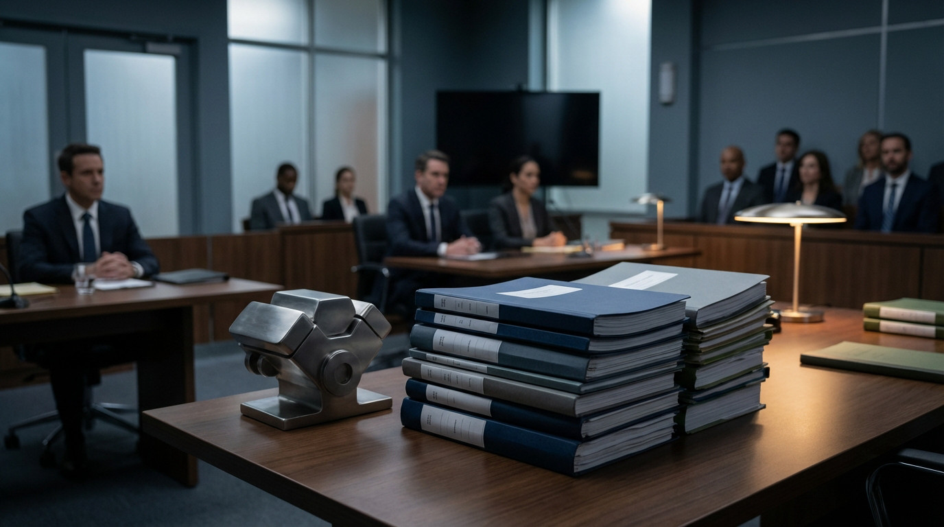Salle d'audience moderne avec piles de dossiers juridiques, un objet métallique et des avocats ou parties en arrière-plan.
