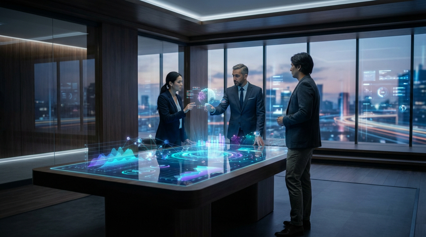 Professionnels en réunion discutant de données IA holographiques sur table interactive, avec vue sur une ville dynamique la nuit.