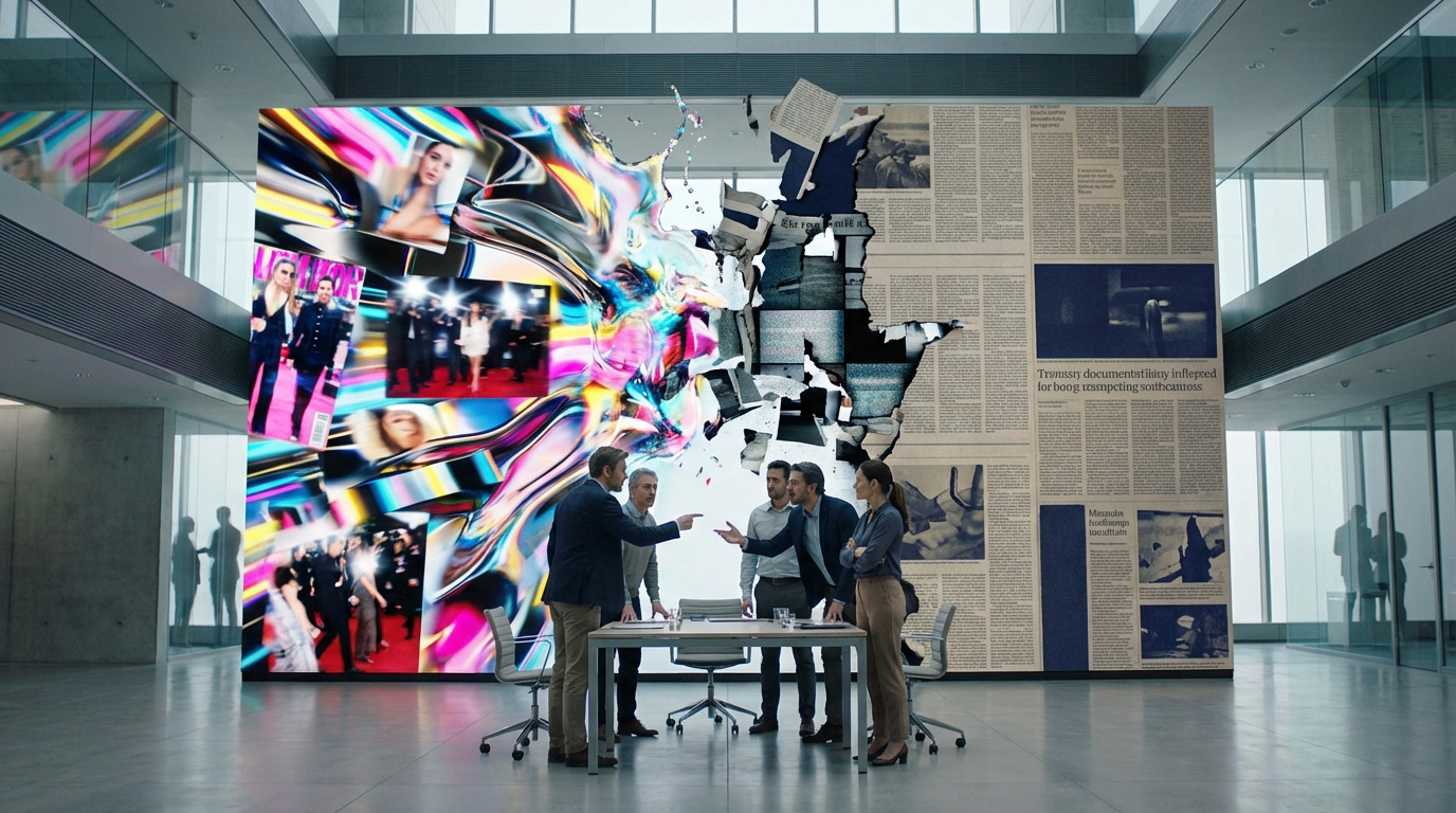 Cinq cadres discutent devant un écran géant. À gauche, magazine people coloré; à droite, journal. Le centre explose.