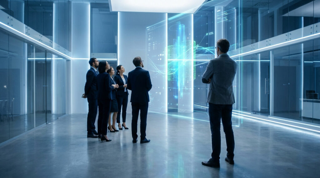 Un groupe de professionnels en costume examine des écrans futuristes affichant des données complexes dans un bureau high-tech.