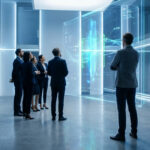 Un groupe de professionnels en costume examine des écrans futuristes affichant des données complexes dans un bureau high-tech.