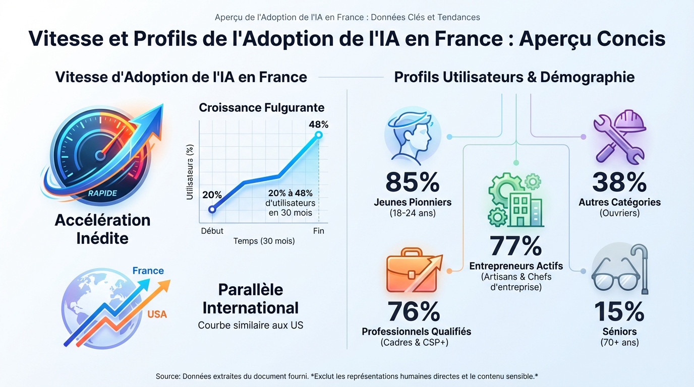 Graphique illustrant la vitesse d'adoption de l'IA générative en France comparée aux smartphones et les profils d'utilisateurs par âge et CSP