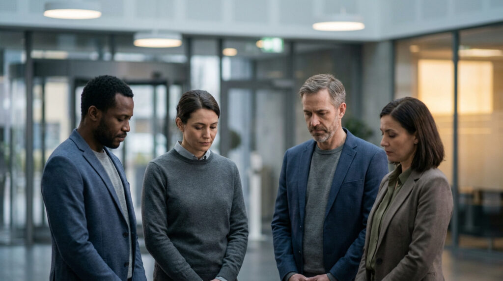 Four diverse colleagues, two men and two women, in smart casual attire, with downcast, concerned expressions in a modern office.