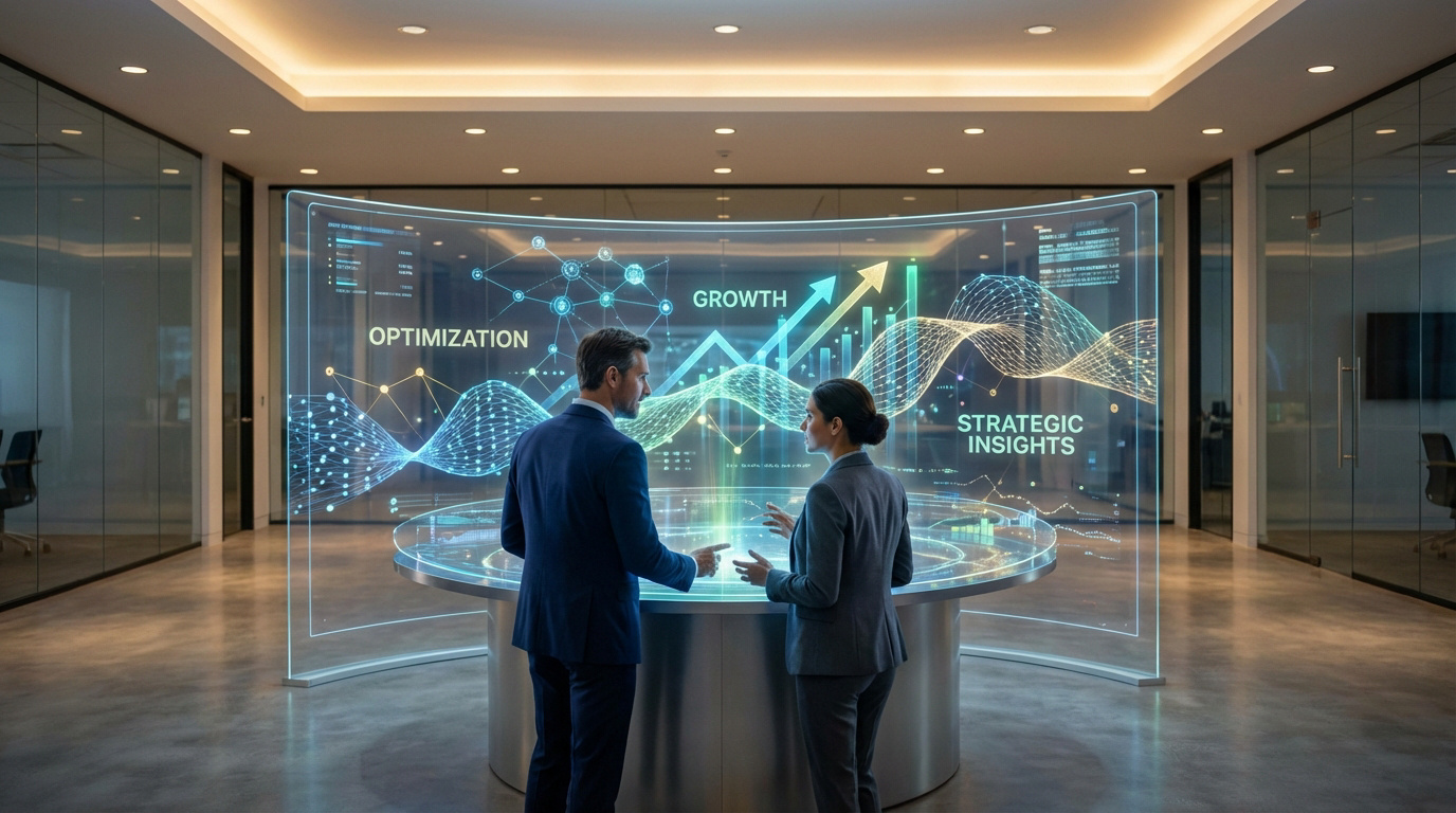 Deux professionnels interagissent avec un écran holographique affichant des graphiques sur l'optimisation, la croissance et les insights stratégiques.
