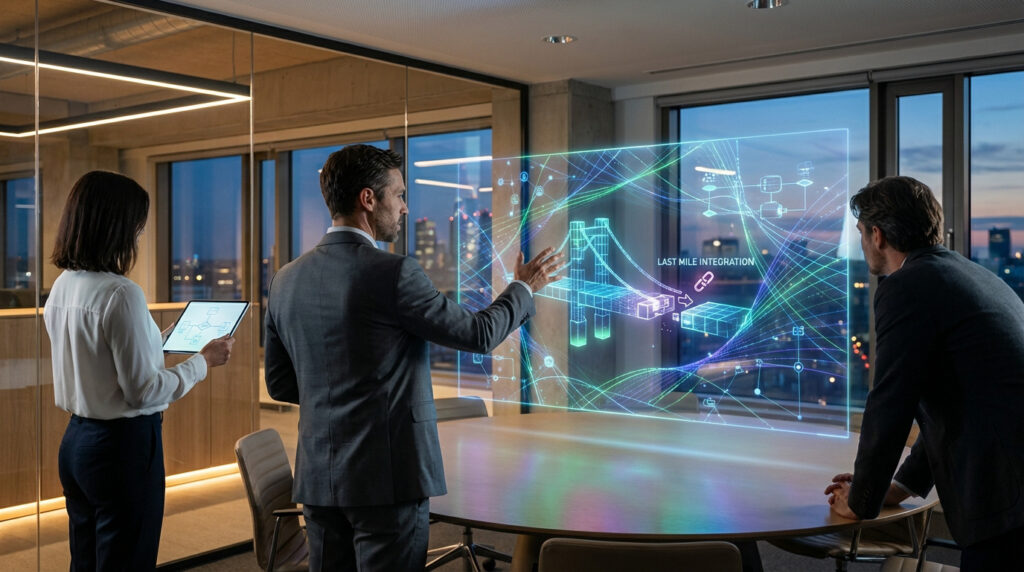 Trois professionnels dans un bureau moderne interagissant avec un affichage holographique sur l'intégration IA et le dernier kilomètre.