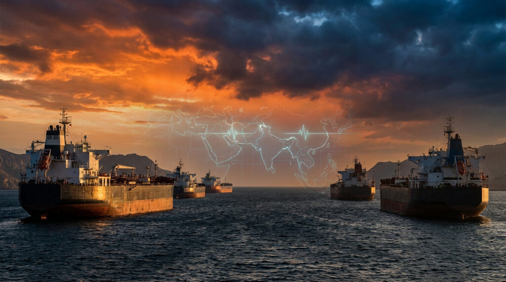 Pétroliers naviguant au coucher de soleil, carte numérique de l'Asie avec un tracé de pouls symbolisant la tension économique.