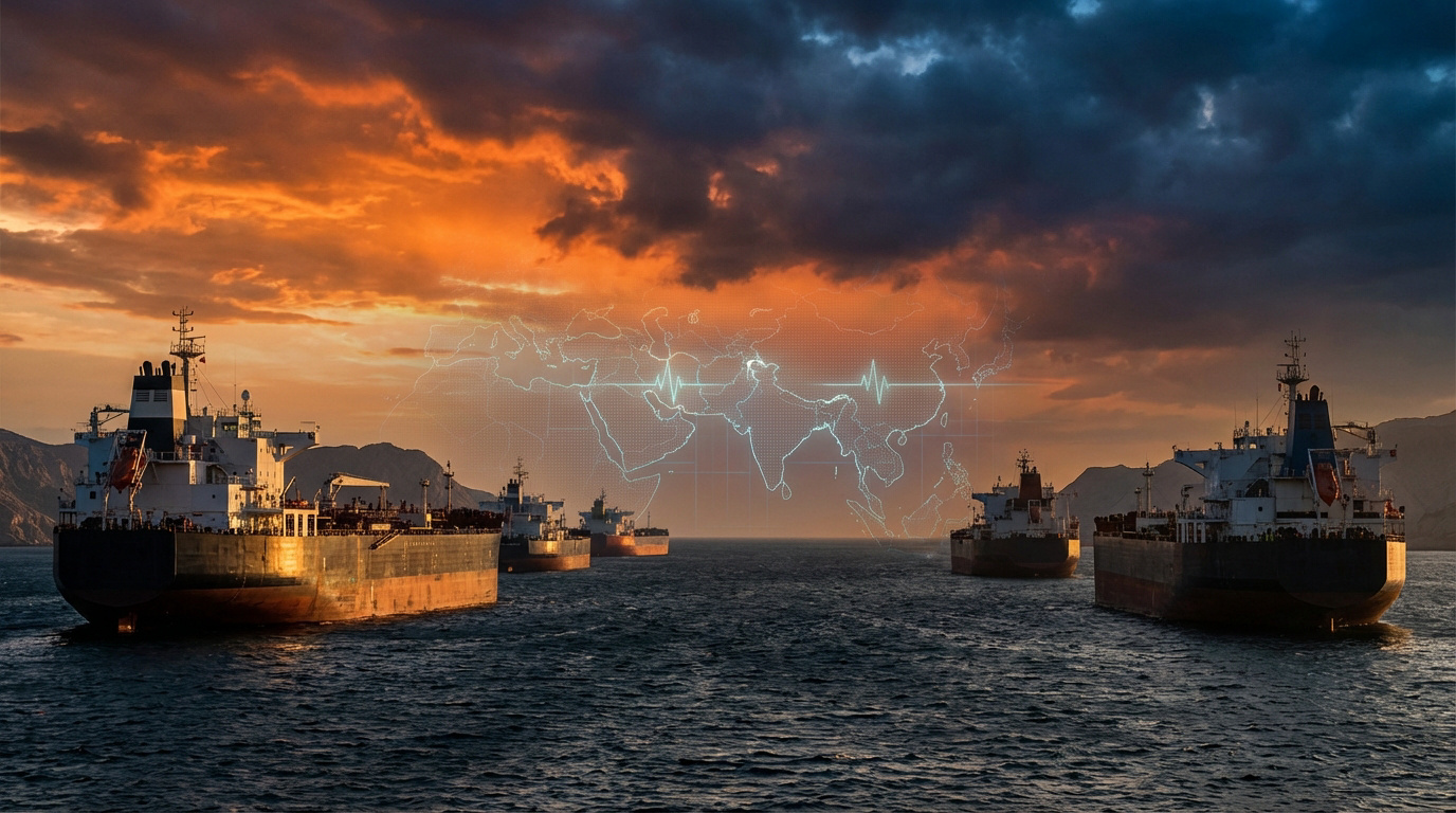 Pétroliers naviguant au coucher de soleil, carte numérique de l'Asie avec un tracé de pouls symbolisant la tension économique.