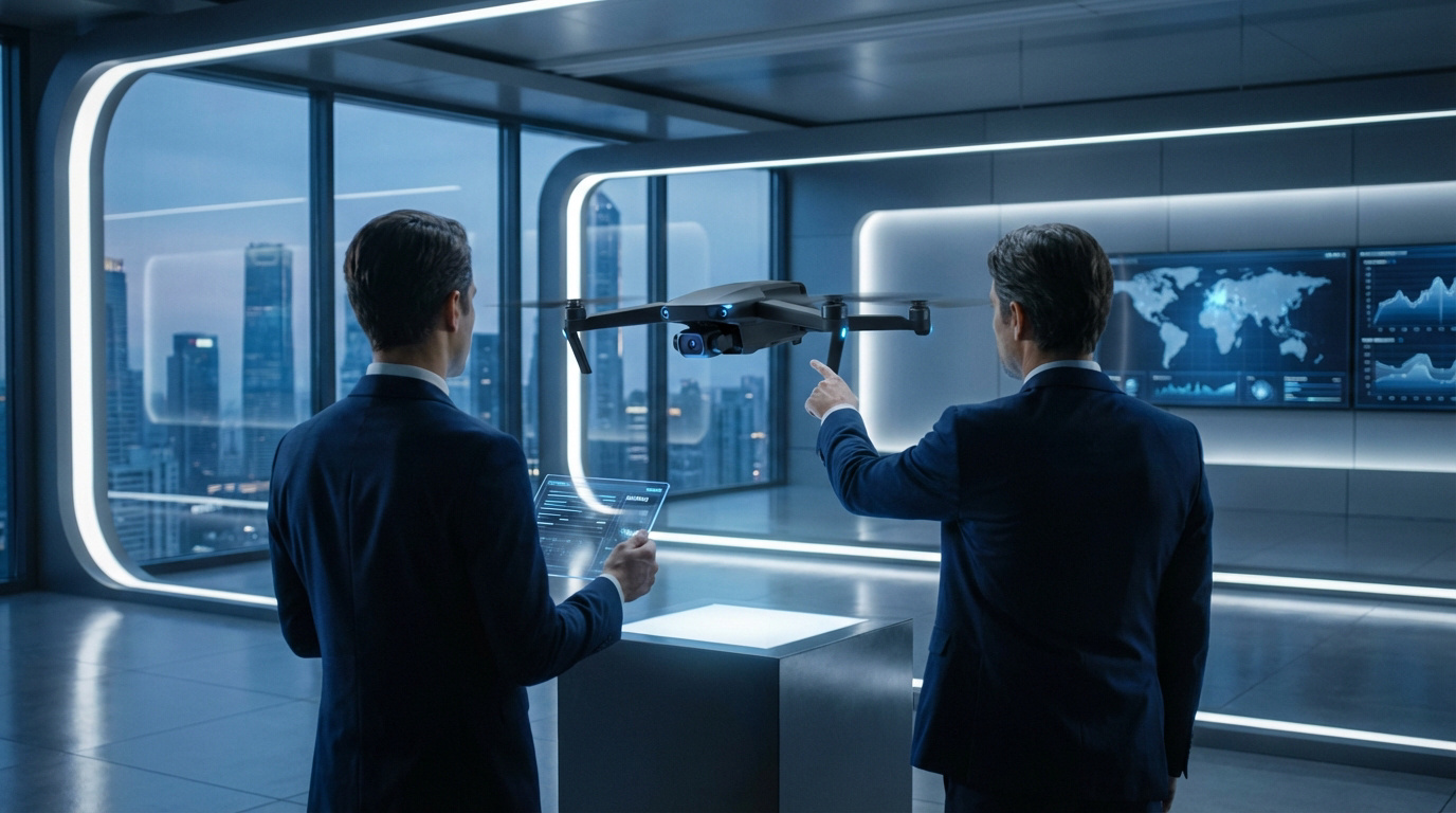 Deux hommes en costume interagissent avec un drone flottant dans un bureau futuriste, avec écrans de données et ville en fond.