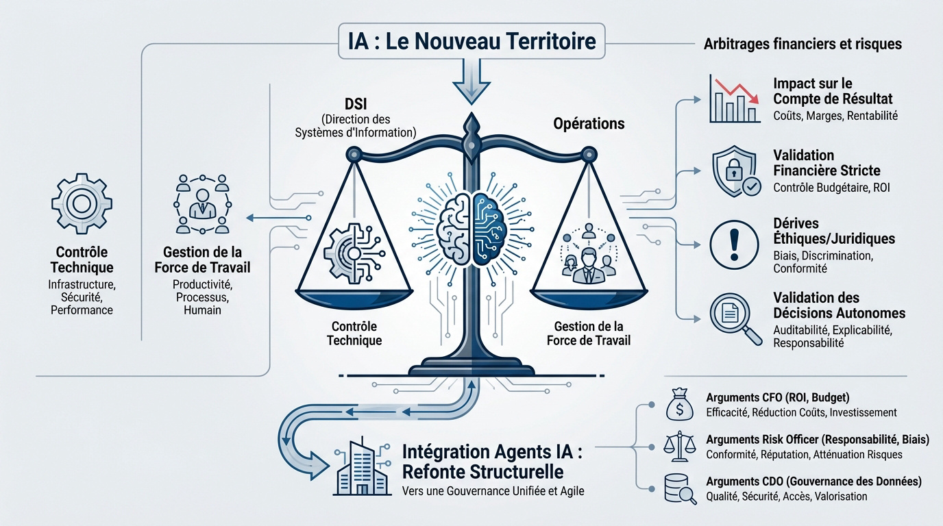 Réunion de direction débattant de la gouvernance et du contrôle de l'intelligence artificielle en entreprise