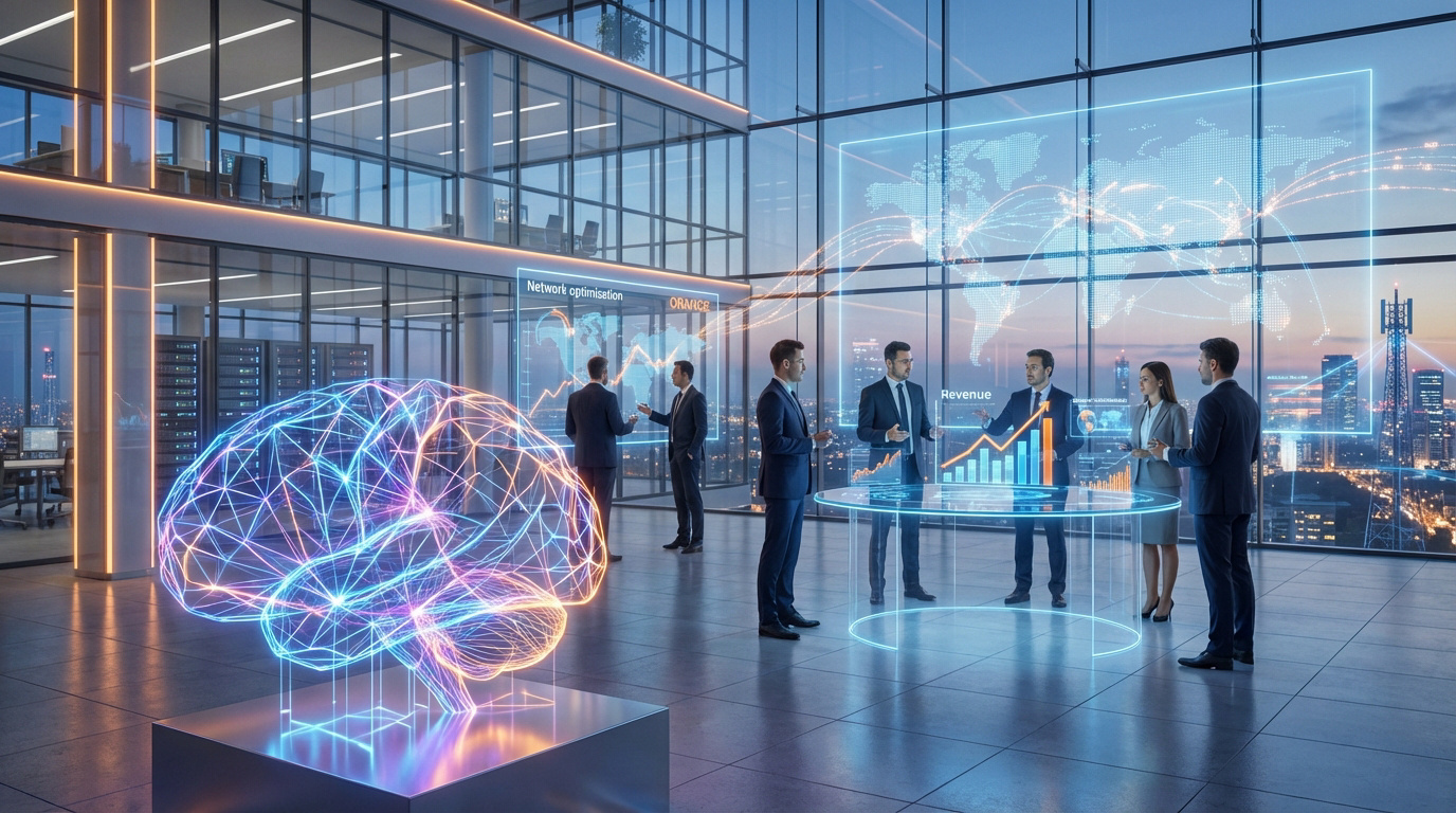 Bureau moderne: professionnels interagissent avec écrans holographiques (monde, données Orange, revenus) et cerveau IA lumineux.